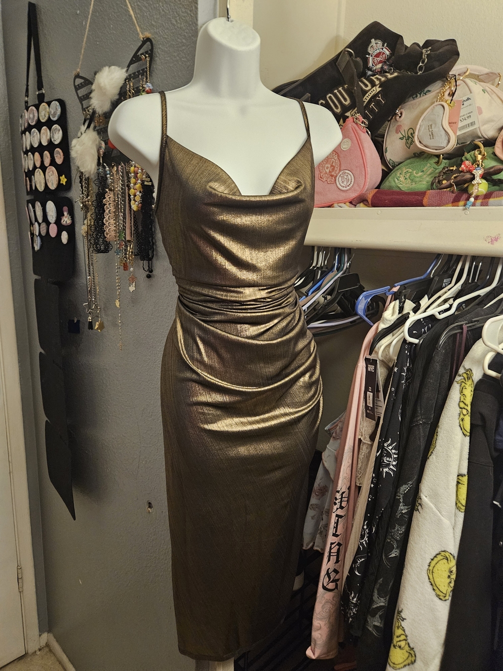Metallic Gold Cowl Neck Bodycon Dress - Women